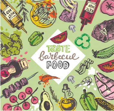 Barbekü yemek. Elle çizilmiş doodle Barbekü illüstrasyon. 