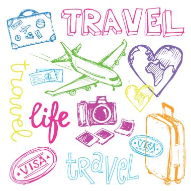 Elle çizilmiş vektör seyahat set. Vektör çizim. Logo koymak seyahat. Seyahat Acentası macera yaratıcı işareti. 