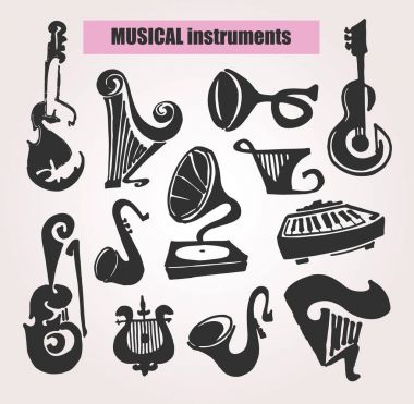 çizilmiş doodle müzik aletleri El.