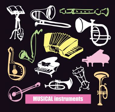 çizilmiş doodle müzik aletleri El.