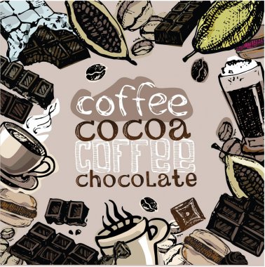 Kakao, çikolata, kahve. Elle çizilmiş doodle illüstrasyon