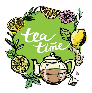 Çay saati koleksiyonu el çekilmiş. Kupası ve çaydanlık. Vektör çizim.