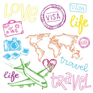 Elle çizilmiş vektör seyahat set. Vektör çizim. Logo koymak seyahat. Seyahat Acentası macera yaratıcı işareti. 