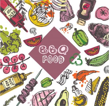 Barbekü yemek. Elle çizilmiş doodle Barbekü illüstrasyon. 
