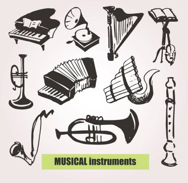 Müzik aletleri ile el çizilmiş doodle desen. Müzik