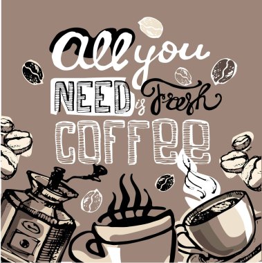 Elle çizilmiş doodle kahve illüstrasyon.