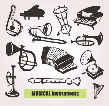 Müzik aletleri ile el çizilmiş doodle desen. Müzik