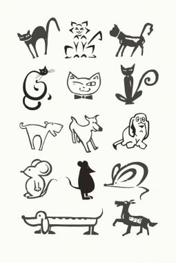 Elle çizilmiş doodle kavramı logo. Logo büyük hayvanlar ile ayarla. Karikatür karakter hayvanlar. 