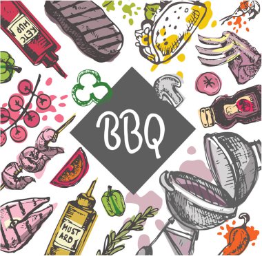 Barbekü yemek. Elle çizilmiş doodle Barbekü illüstrasyon. 