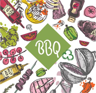 Barbekü yemek. Elle çizilmiş doodle Barbekü illüstrasyon. 