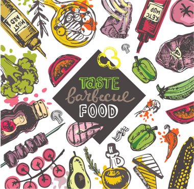 Barbekü yemek. Elle çizilmiş doodle Barbekü illüstrasyon. 