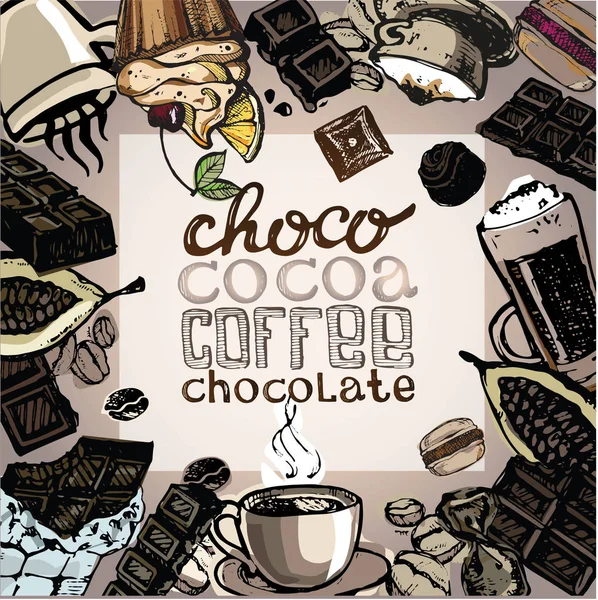 Cacau, chocolate, café. ilustração doodle desenhado à mão — Vetor de Stock