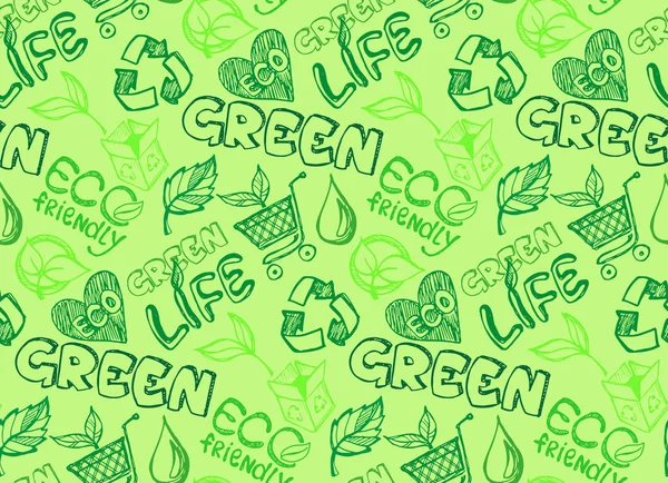 Groene doodle eco achtergrond gemaakt van kleine ecologie icons - vector naadloze patroon. Vectorillustratie. Doodle eco set. — Stockvector