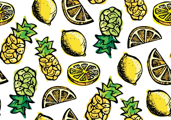 Elle çizilmiş desen limon, ananas ve limon dilim. Vektör çizim. — Stok Vektör