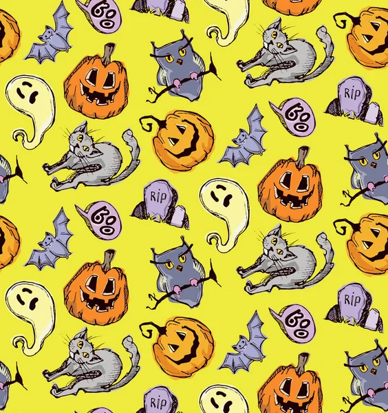 Vzor bezešvé pro Halloween. Nekonečné texturu lze použít pro tapety, výplně vzorkem, webové stránky, pozadí, povrchu. Vektorové ručně kreslenou doodle ilustrace. — Stockový vektor