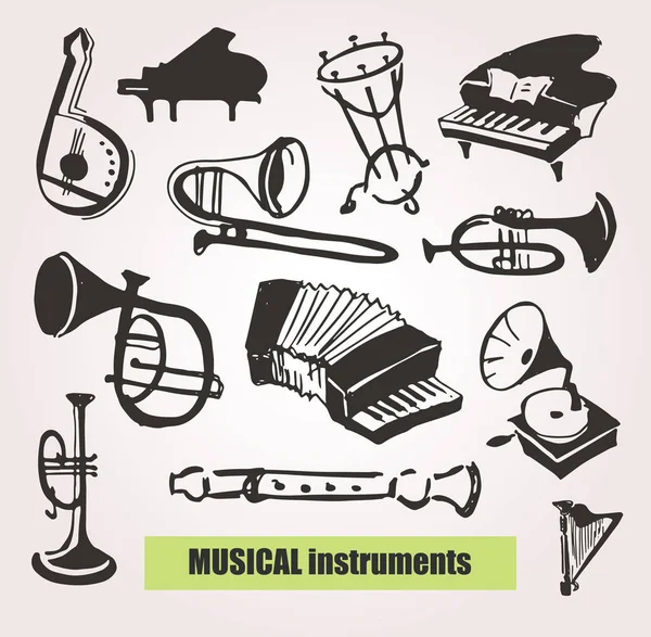 Ручной рисунок каракулями с музыкальными инструментами. Музыка — стоковый вектор
