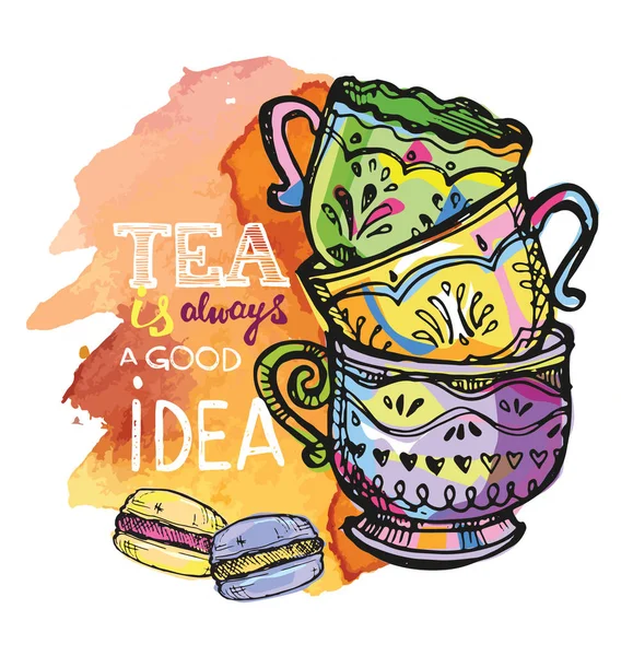 Tea is always a good idea. Hand drawn doodle tea cup with cake.  Vector illustration. — Stock Vector