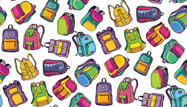 バックパックやバッグを持つ手の描かれたパターン。学校に戻る — ストックベクタ