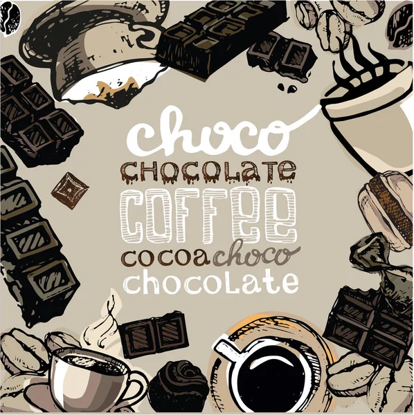 Cacao, chocolate, café. ilustración garabato dibujado a mano — Vector de stock