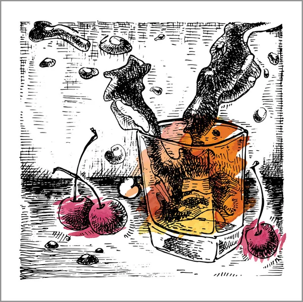 Whiskey splash em vidro. Estilo de esboço. Fundo aquarela.. Ilustração vetorial — Vetor de Stock