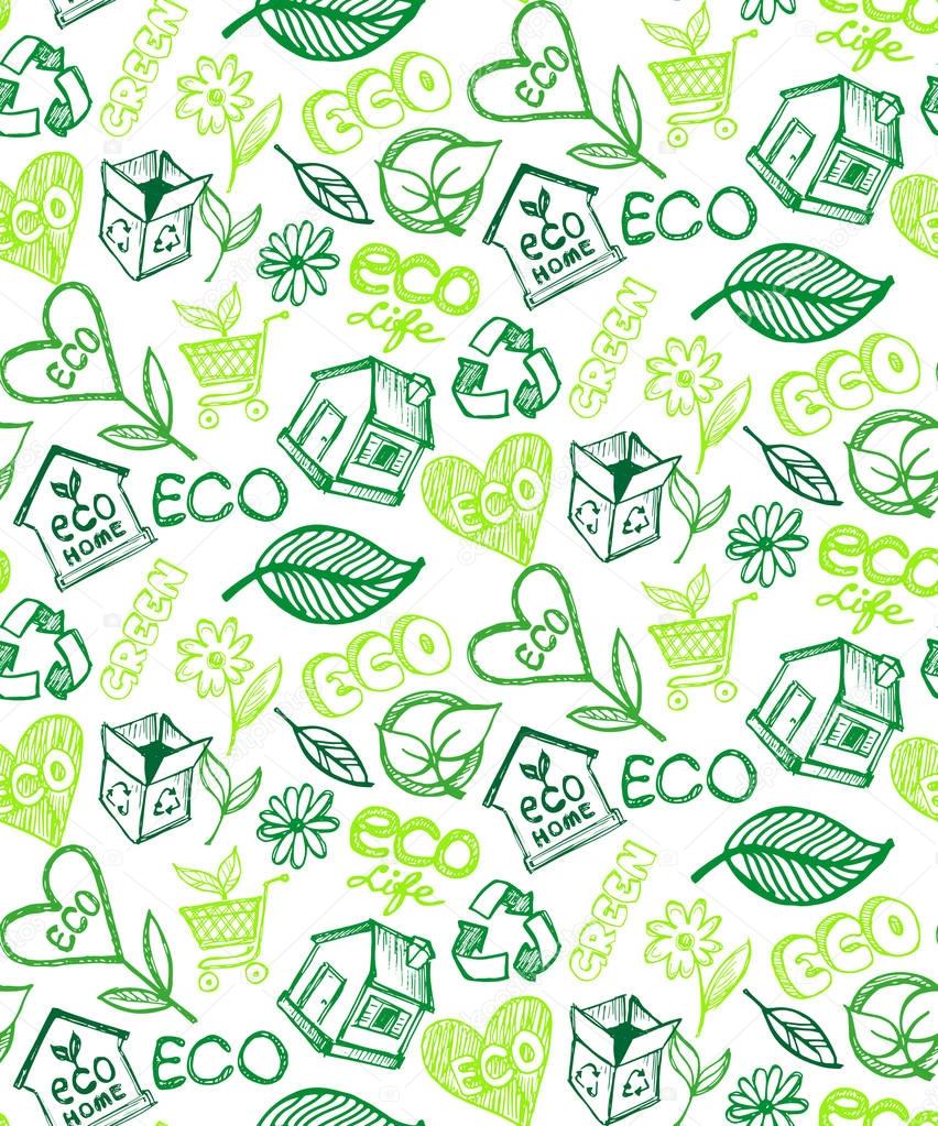 Green doodle eco background made of small ecology icons - vector seamless pattern. Vector illustration. Doodle eco set.
