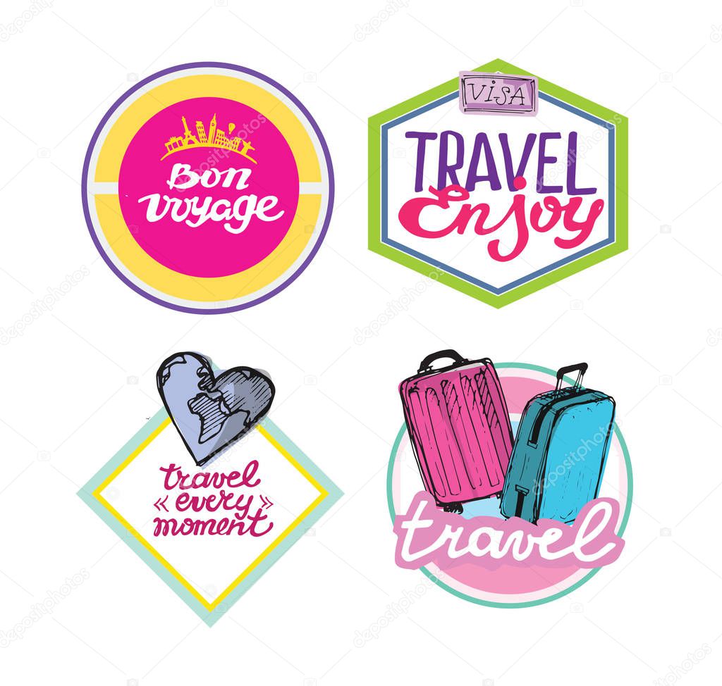 Hand drawn vector travel set. Vector illustration. Travel logo set. Travel agency adventure creative sign. 