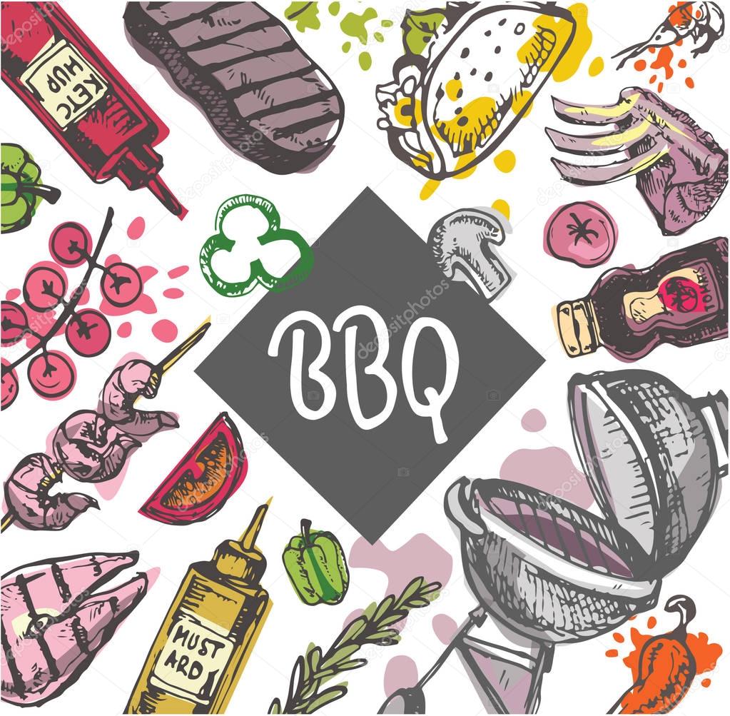 BBQ food. Hand drawn doodle barbecue illustration. 
