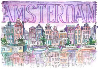 Suluboya Amsterdam. Elle çizilmiş illüstrasyon.