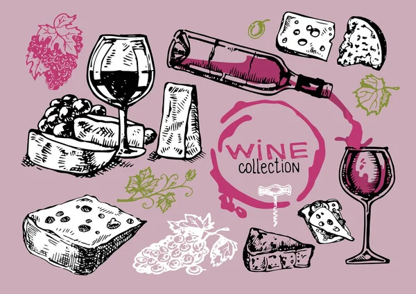 Illustrazione scarabocchiata disegnata a mano con collezione di vini. Uva e formaggio — Vettoriale Stock