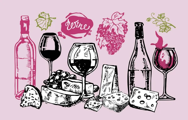 Ilustración de garabatos dibujada a mano con colección de vinos. Uva y queso — Vector de stock