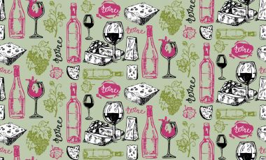 Elle çizilmiş doodle illüstrasyon şarap koleksiyonu ile. Üzüm ve peynir