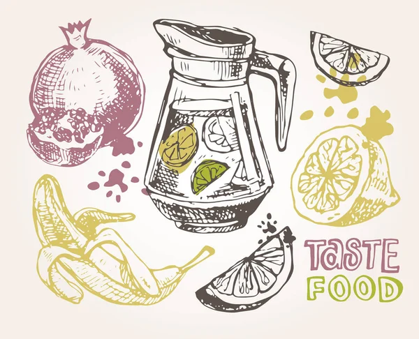 Elle çizilmiş doodle yaz illüstrasyon limonata ile. Yaz içeceği. Garnet ve muz.