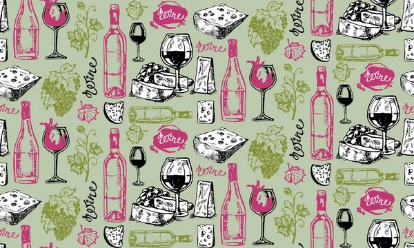 Elle çizilmiş doodle illüstrasyon şarap koleksiyonu ile. Üzüm ve peynir
