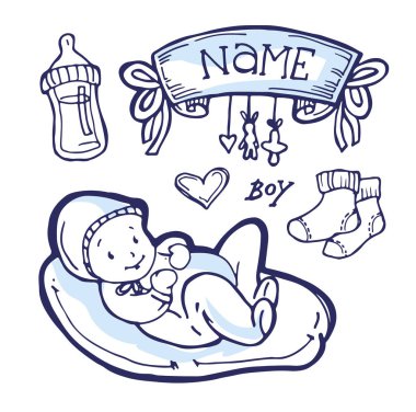 Bebek duş tasarım vektör çizim, elle çizilmiş bebek seti.