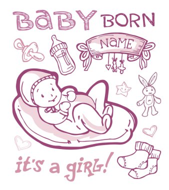 Bebek duş tasarım vektör çizim, elle çizilmiş bebek seti.