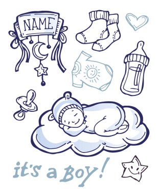 Bebek duş tasarım vektör çizim, elle çizilmiş bebek seti.