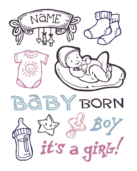 Bebek duş tasarım vektör çizim, elle çizilmiş bebek seti.