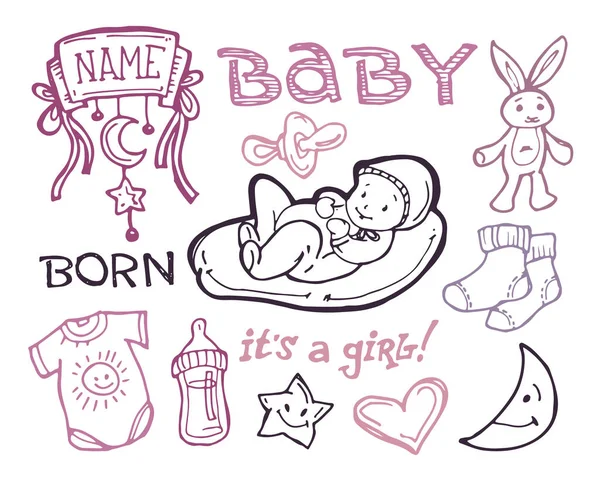 Bebê chuveiro design vetor ilustração, mão desenhada bebê conjunto . — Vetor de Stock