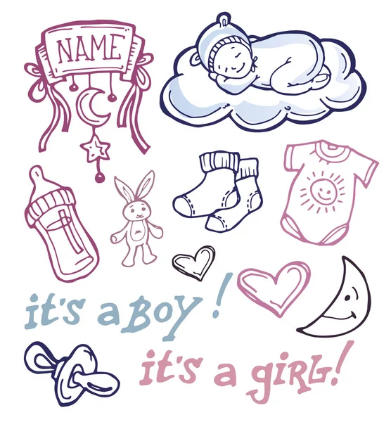 Bebek duş tasarım vektör çizim, elle çizilmiş bebek seti.