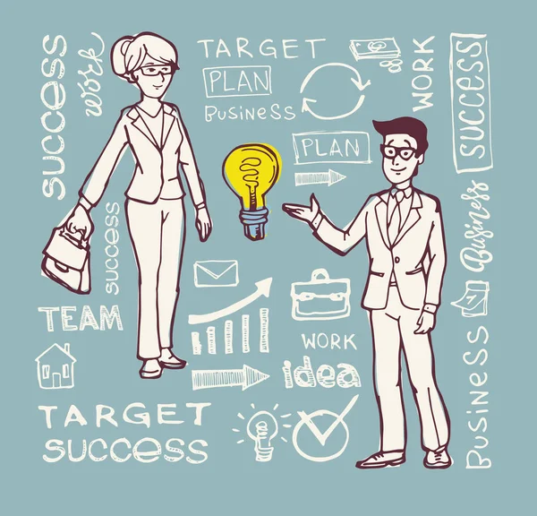 Manager stripfiguur. Concept van teamwerk analyseren project op zakelijke bijeenkomst. Succes, idee, groeiende, internationale business en strategie vector illustratie. — Stockvector