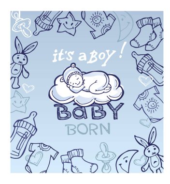 Doğan bebek doodle küme. Bebek duş set. Vektör çizim. Onun bir çocuk!