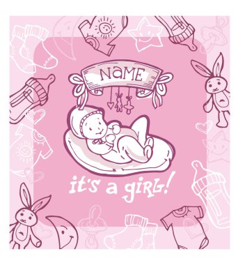 Bebek duş tasarlamak vektör doodle, çizilmiş bebek seti el. Onun bir kız.