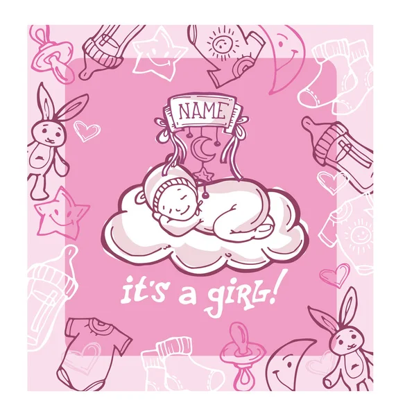 Doodle bebê chuveiro design vetor ilustração, conjunto de bebê desenhado à mão. É uma menina. . — Vetor de Stock