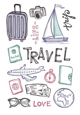 Elle çizilmiş doodle seyahat illüstrasyon. Git seyahat!