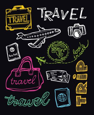 Elle çizilmiş doodle seyahat illüstrasyon. Git seyahat!