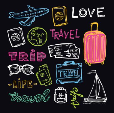 Elle çizilmiş doodle seyahat illüstrasyon. Git seyahat!