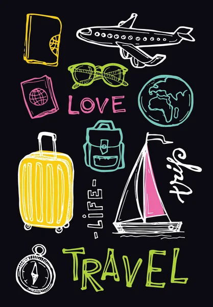 Handritad doodle travel illustration. Gå resor! — Stock vektor