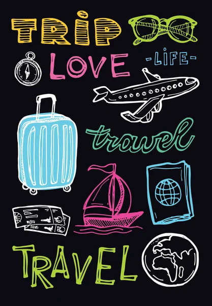 Elle çizilmiş doodle seyahat illüstrasyon. Git seyahat! — Stok Vektör