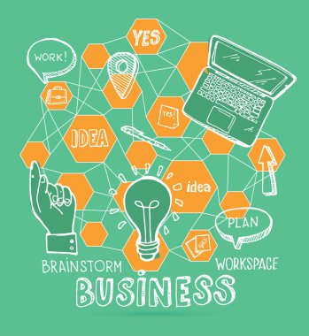 Beyin fırtınası kavramı. İş ve fikir düz tasarımı. Elle çizilmiş doodle kroki.