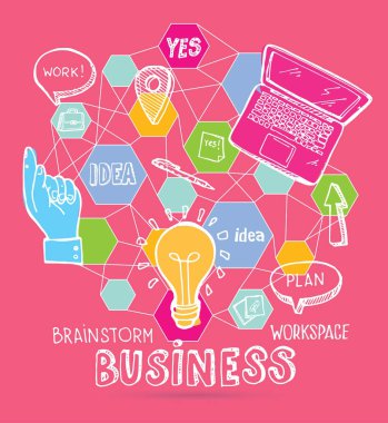 Beyin fırtınası kavramı. İş ve fikir düz tasarımı. Elle çizilmiş doodle kroki.